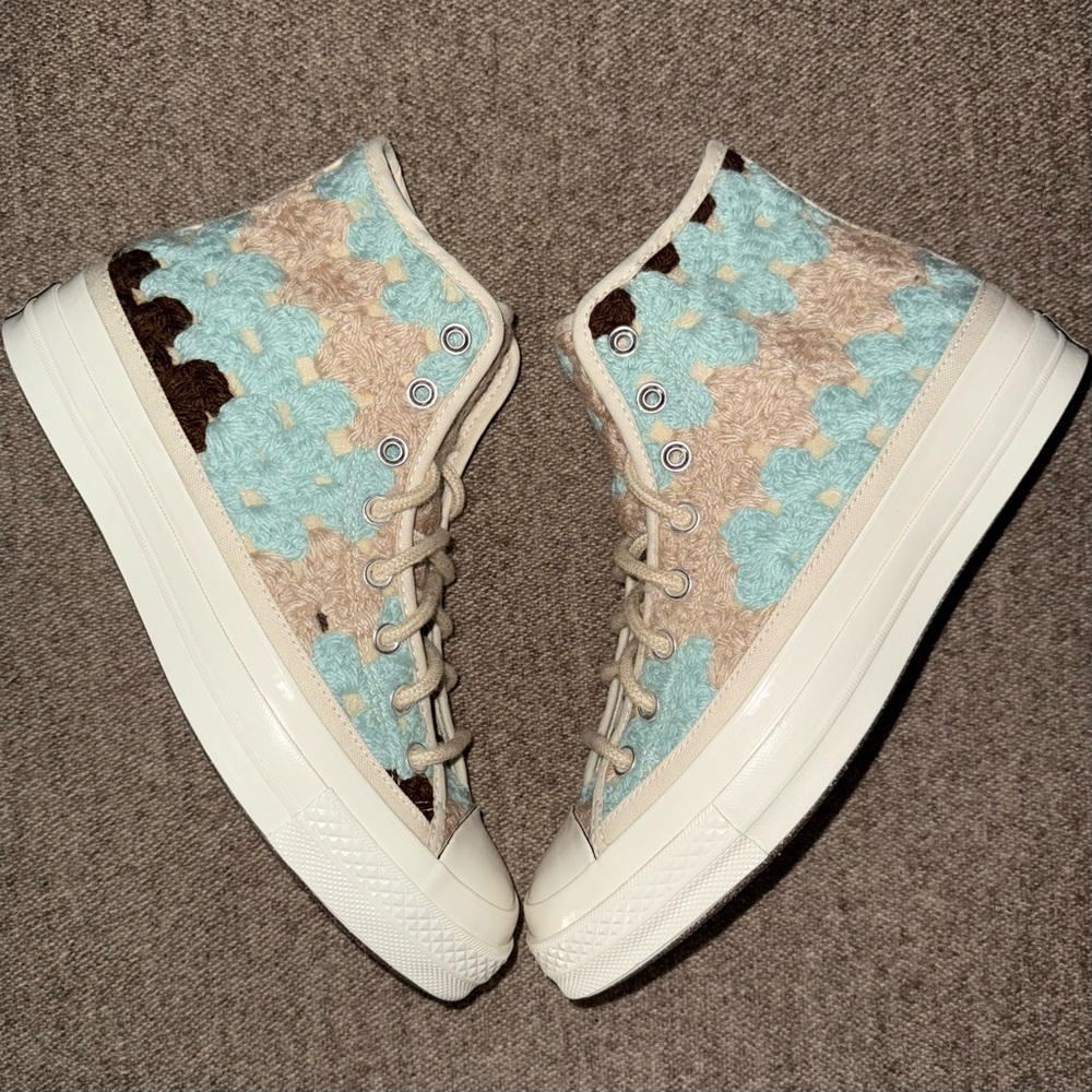 Converse Chuck 70 High Crochet Blankets Upcycle Blue Brown Beige Egret size 8